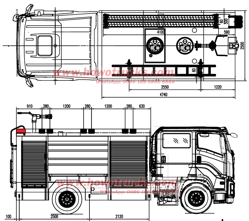 HOWO 5cbm foam water tank fire engine technical drawing